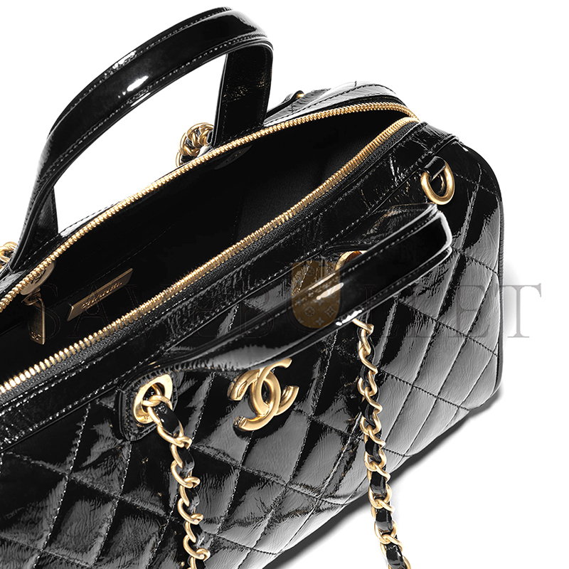 CHANEL LARGE BOWLING BAG PATENT CRUMPLED CALFSKIN & GOLD-TONE METAL BLACK AS5579 (31*17*13cm)